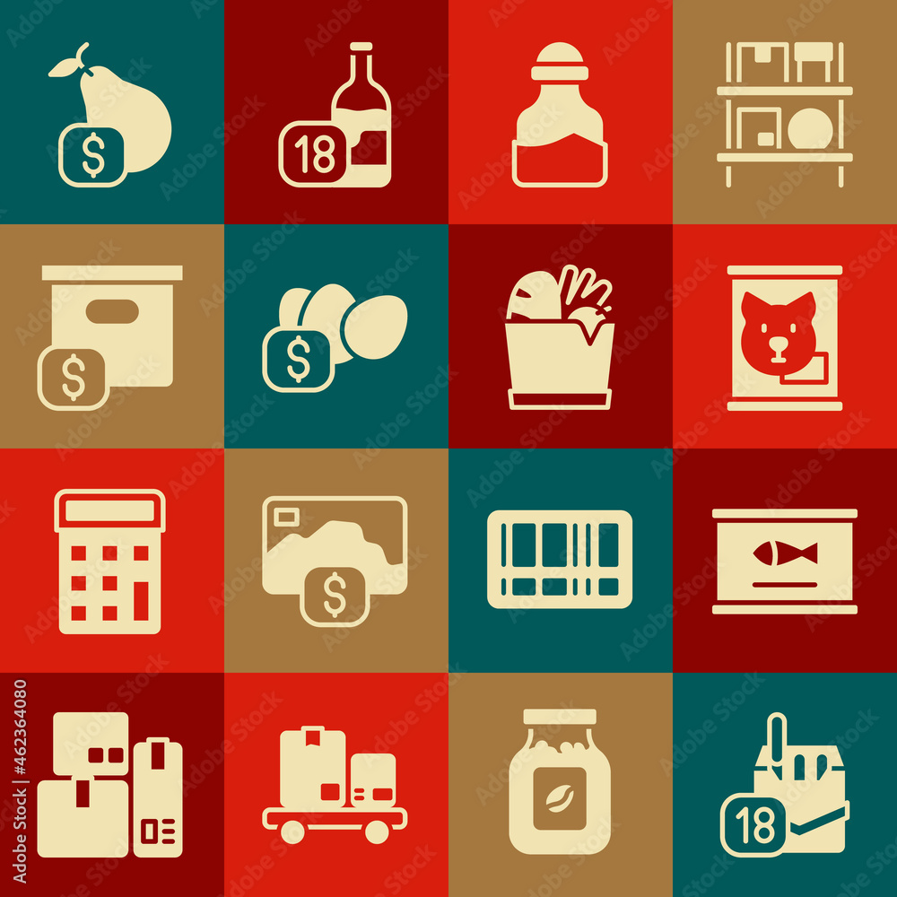 Set Cigarettes pack box, Canned fish, food, Spice in can, Price tag for egg, Carton cardboard with price, pear and Shopping bag and icon. Vector