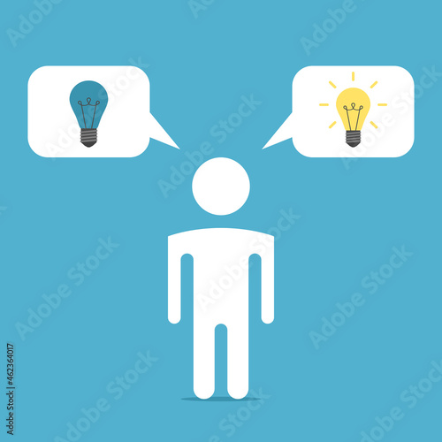 Man, two light bulbs switched on and off. Good, bad creative ideas, inspiration, decision and imagination concept. Flat design. Vector illustration. EPS 8, no gradients, no transparency