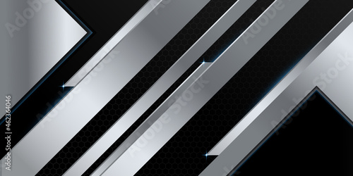 Modern 3d black and silver abstract metallic background with shiny light and texture pattern decoration.