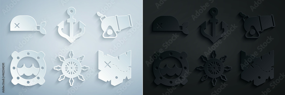 Set Ship steering wheel, Cannon, porthole with seascape, Pirate treasure map, Anchor and bandana for head icon. Vector Set Ship steering wheel, Cannon, porthole with seascape, Pirate treasure map, Anchor and bandana for head icon. Vector