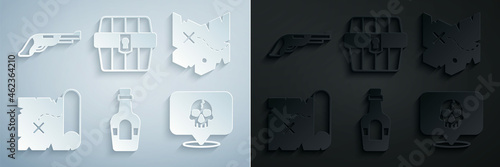 Set Alcohol drink Rum, Pirate treasure map, Skull, Antique chest and Vintage pistol icon. Vector