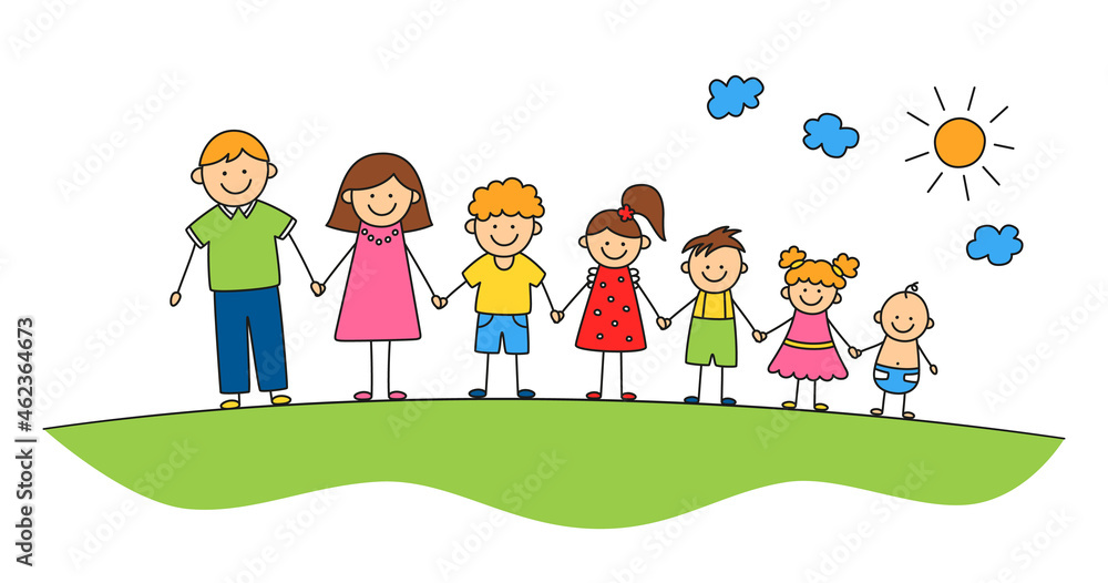 Happy doodle stick mans family in summer park. Hand drawn family members. Mother, father and kids holding hands. Vector color illustration isolated in doodle style on white background.