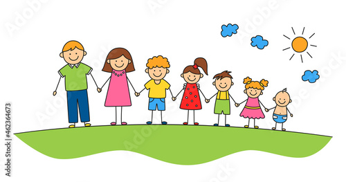 Happy doodle stick mans family in summer park. Hand drawn family members. Mother, father and kids holding hands. Vector color illustration isolated in doodle style on white background.