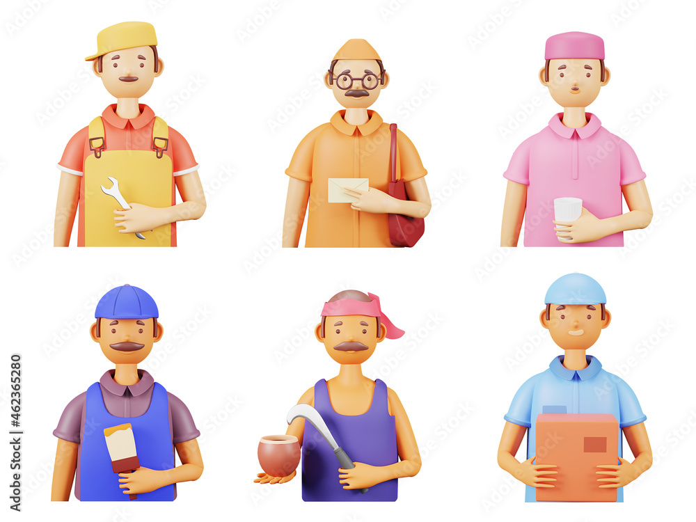 3D Rendering Of Essential Workers As Mechanic, Postman, Painter, Ward Boy, Coconut And Juice Seller On White Background. 3D Rendering Of Essential Workers As Mechanic, Postman, Painter, Ward Boy, Coconut And Juice Seller On White Background.