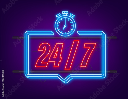 24-7 service concept. 24-7 open. Neon icon. Support service icon. Vector stock illustration