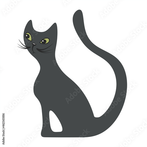Vector illustration of a cat icon in gray. An image of a cat with a long tail. An image of a curious cat with a long tail and green eyes. Macro flat design for print, advertising, network. Flat style.