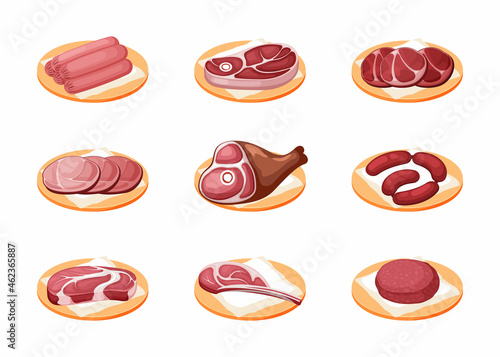 Meat products on plate set. Ready to cook pork and red beef tenderloins fresh steaks and chops for roasting mouth watering organic sausages party and snack cuts. Cartoon vector menu.
