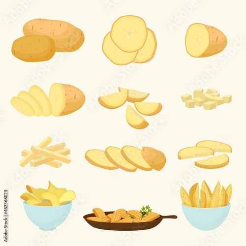 Potatoes and snacks from it set. Golden vegetable for making chips and frying organic staple for agriculture round wedges for side dish and nutritious delicious diet. Vector cartoon agriculture.