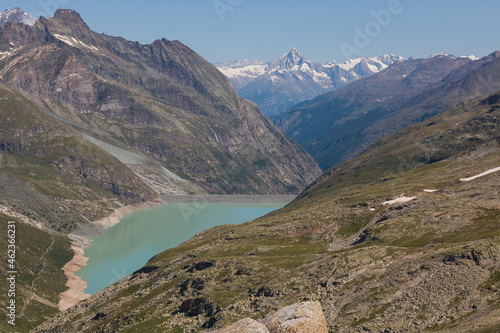 Panoramic view of dam at high quote near Moro Pass in Italy