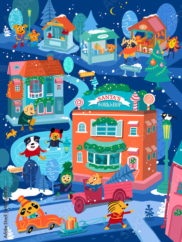Christmas village with cute characters and buildings. New Year poster, story illustration for wallpaper, educational games, puzzle. Vector illustration.