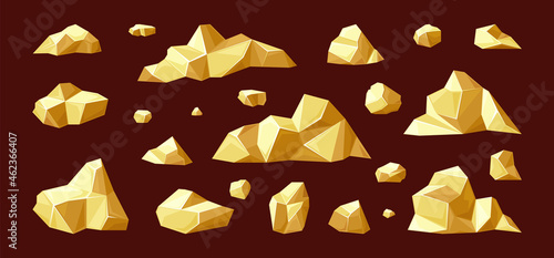 Pieces of golden ore set. Precious stones of various shapes with fossil materials mining for decoration production broken fragments of natural minerals for world industry. Vector cartoon design.