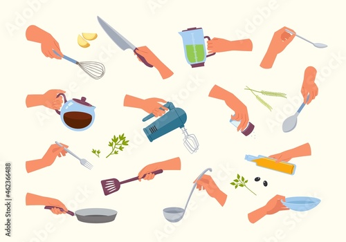 Hands hold kitchen appliances set. Frying in skillet with olive oil cooking and slicing food beating with mixer and hand whisk pouring soup into bowl with dish. Cartoon vector household.