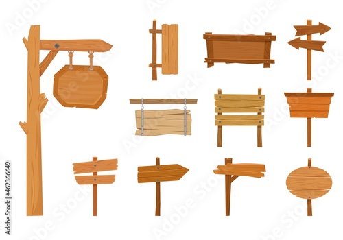 Old wooden billboard and signboard set. Vintage empty pointer and retro bar names information guidepost for trendy wild west saloon rustic roadside landmarks. Cartoon vector banner.