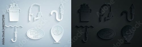 Set Fish trophy hanging on the board, Fishing hook and worm, under water, Location fishing, rod and bucket with fishes icon. Vector