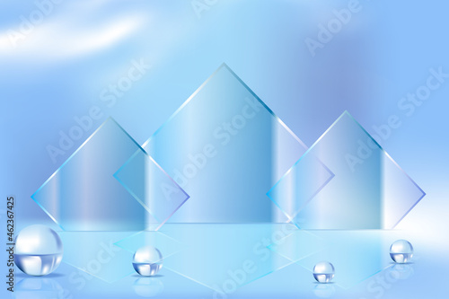 3d abstract geometrical background with blue translucent rhombus glass. Modern minimal showcase mockup. Vacant pedestal, empty podium, stage platform for commercial product displaying