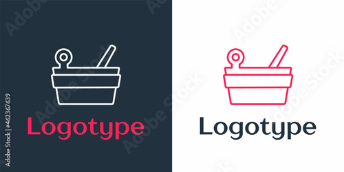 Logotype line Sauna bucket and ladle icon isolated on white background. Logo design template element. Vector
