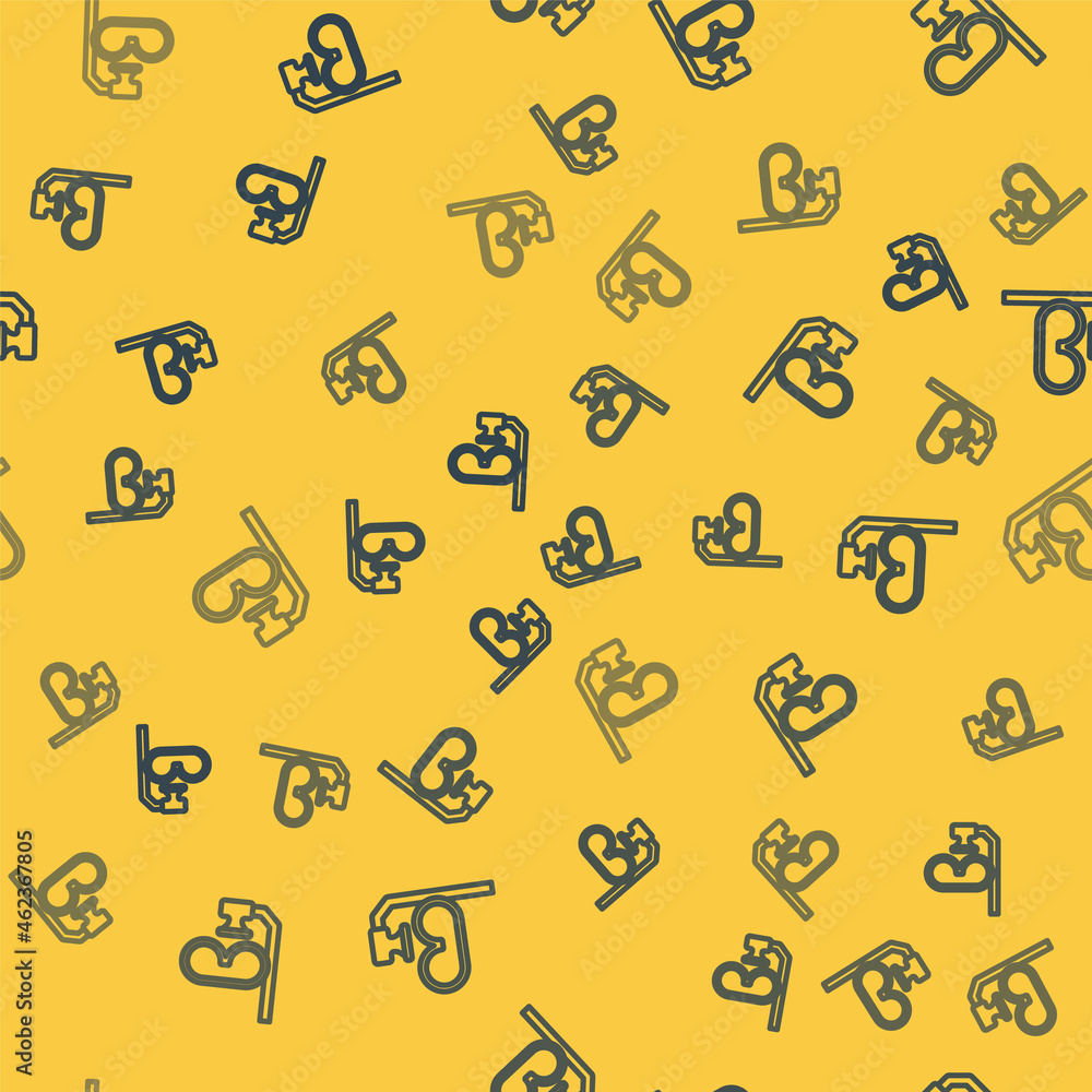 Blue line Diving mask and snorkel icon isolated seamless pattern on yellow background. Extreme sport. Diving underwater equipment. Vector Blue line Diving mask and snorkel icon isolated seamless pattern on yellow background. Extreme sport. Diving underwater equipment. Vector