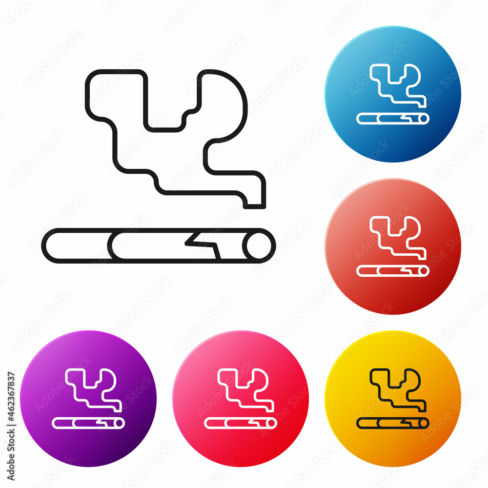 Black line Cigarette icon isolated on white background. Tobacco sign. Smoking symbol. Set icons colorful circle buttons. Vector Black line Cigarette icon isolated on white background. Tobacco sign. Smoking symbol. Set icons colorful circle buttons. Vector
