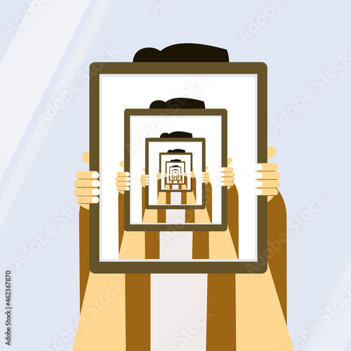 Series of mirror reflections of a person holding a mirror in-front of his face