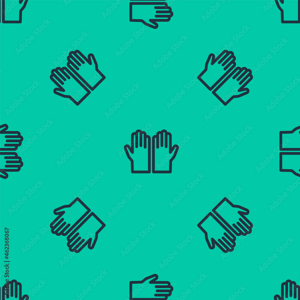 Blue line Medical rubber gloves icon isolated seamless pattern on green background. Protective rubber gloves. Vector Blue line Medical rubber gloves icon isolated seamless pattern on green background. Protective rubber gloves. Vector