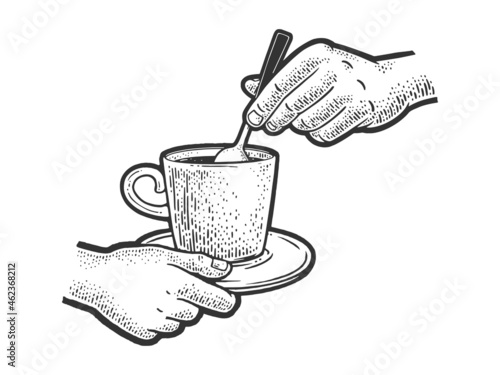 brewing tea stir sugar in a cup sketch engraving vector illustration. T-shirt apparel print design. Scratch board imitation. Black and white hand drawn image.