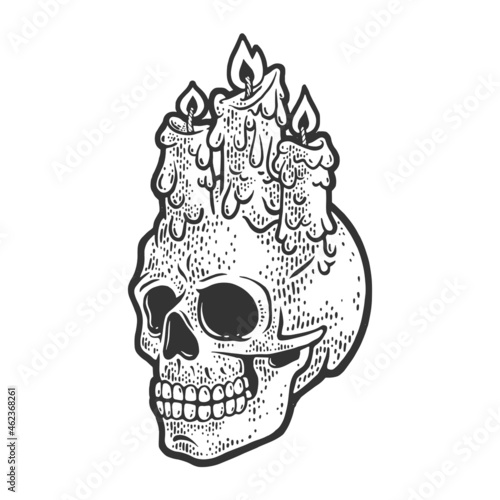 candle stubs on the skull sketch engraving vector illustration. Halloween illustration. T-shirt apparel print design. Scratch board imitation. Black and white hand drawn image.