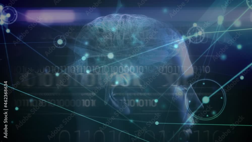 Network of connections over human head model and binary coding data processing on blue background Network of connections over human head model and binary coding data processing on blue background