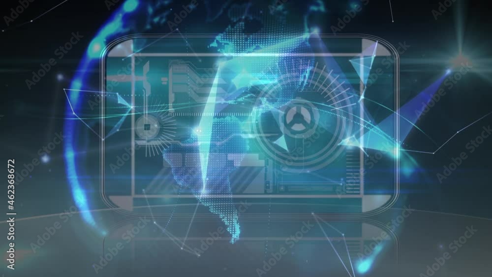 Plexus network over spinning globe against digital interface with data processing on blue background Plexus network over spinning globe against digital interface with data processing on blue background