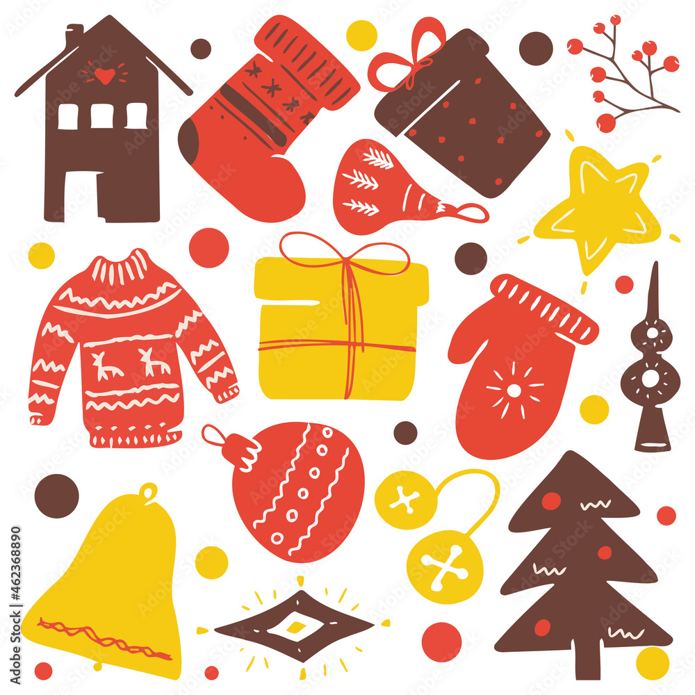 Big set of Christmas design element in doodle style Big set of Christmas design element in doodle style