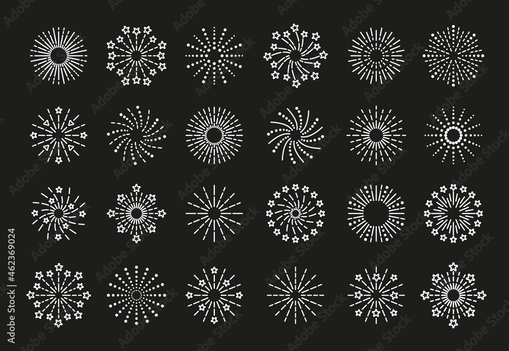 Firework icon. Vector. Sparks, burst stars and salute. Linear sparkle explosion set. Happy new year shiny symbol. isolated on black background. Outline birthday party elements. Simple illustration. Firework icon. Vector. Sparks, burst stars and salute. Linear sparkle explosion set. Happy new year shiny symbol. isolated on black background. Outline birthday party elements. Simple illustration.