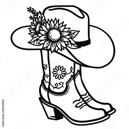 Cowboy boots with sunflowers bouquet decoration. Cowgirl boots vector illustration Country wedding decor isolated on white for print