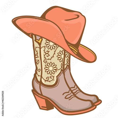 Cowboy boots and cowboy hat with sunflowers decoration. Cowgirl boots vector vintage color illustration isolated for print. Country wedding decor photo