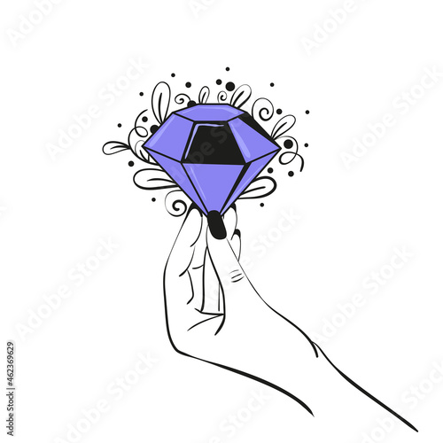 A female hand holds a purple crystal in boho style. Flat vector illustration of witch and magic.