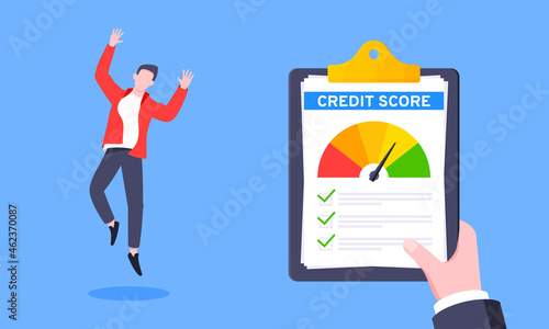 Good credit score business concept with clipboard, score gauge meter and happy person jumping in the air flat style design vector illustration. Excellent rating for credit or mortgage loans.