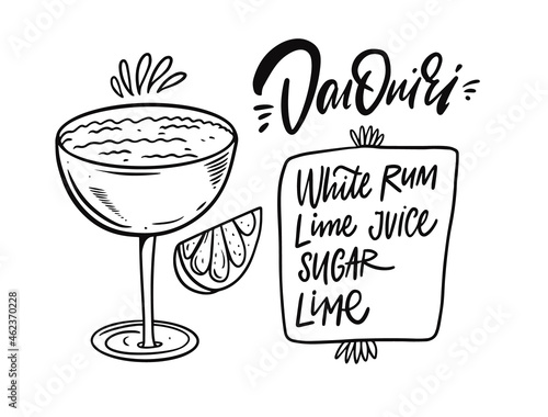 Daiquiri cocktail recipe. Hand drawn black color outline style.