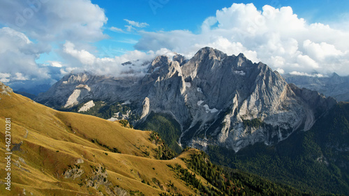 Mountain landscape and clouds in the Italian Dolomites view from above