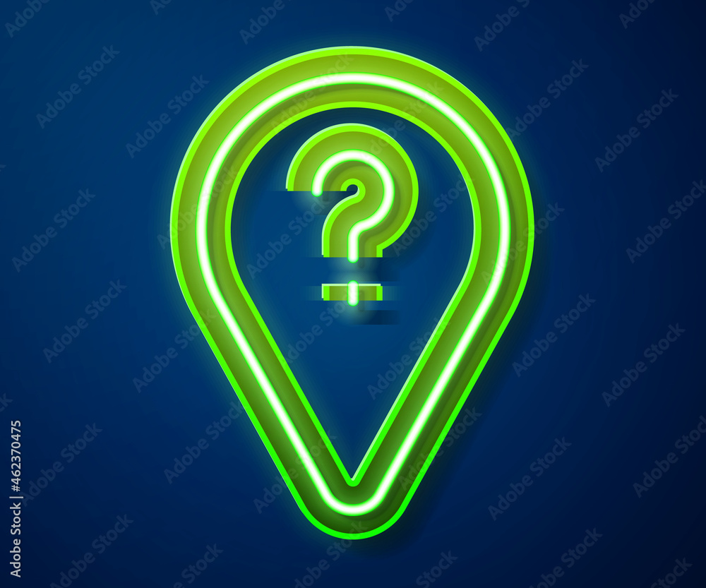 Glowing neon line Unknown route point icon isolated on blue background. Navigation, pointer, location, map, gps, direction, search concept. Vector Glowing neon line Unknown route point icon isolated on blue background. Navigation, pointer, location, map, gps, direction, search concept. Vector