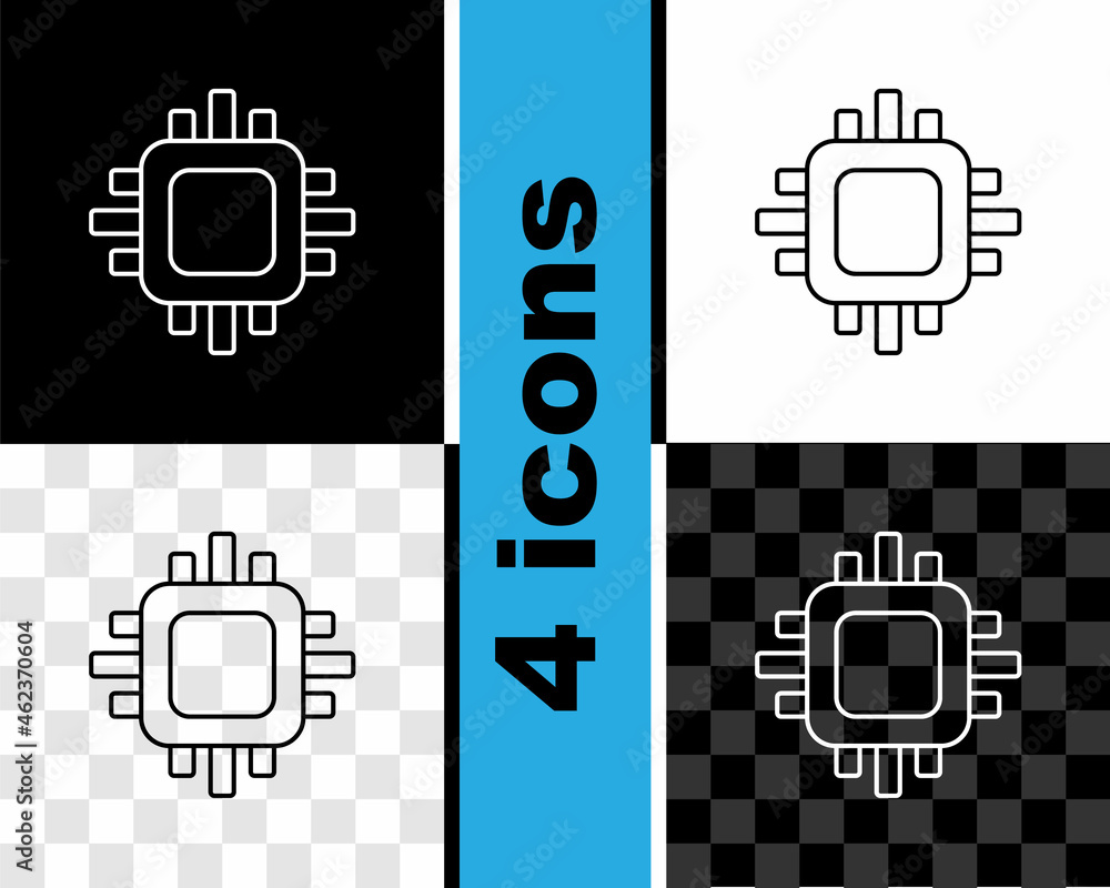 Set line Computer processor with microcircuits CPU icon isolated on black and white, transparent background. Chip or cpu with circuit board. Micro processor. Vector Set line Computer processor with microcircuits CPU icon isolated on black and white, transparent background. Chip or cpu with circuit board. Micro processor. Vector