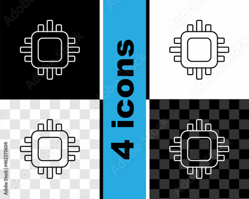 Set line Computer processor with microcircuits CPU icon isolated on black and white, transparent background. Chip or cpu with circuit board. Micro processor. Vector