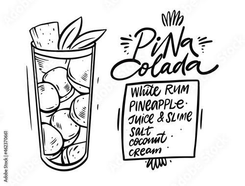 Pina colada cocktail recipe. Hand drawn black color outline style.