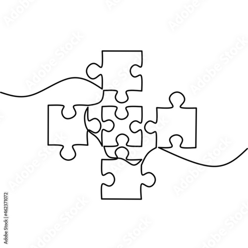 Continuous line drawing of puzzle, pieces problem solving business, jigsaw, object one line, single line art, vector illustration