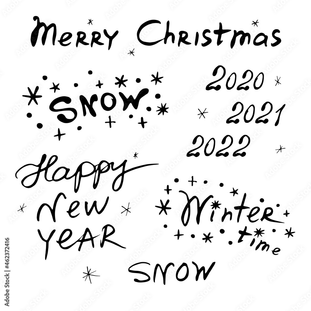Set of vector hand written black calligraphic inscriptions on Christmas, New year, winter theme. Letterings, cliparts, design elements for greeting card, invitation