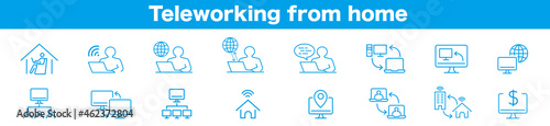 freelance worker, work from home, laptop, pc monitor, workspace, line icons vector. 