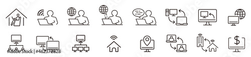 freelance worker, work from home, laptop, pc monitor, workspace, line icons vector. 