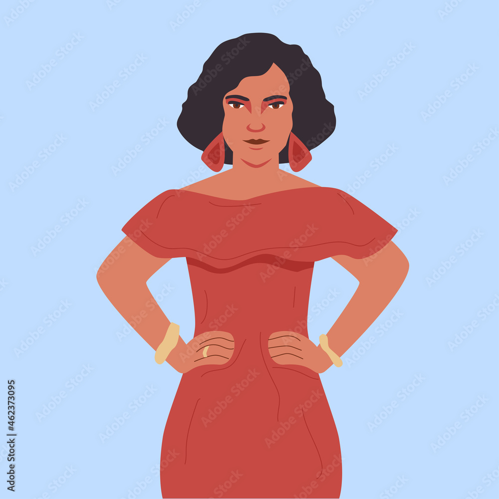 Latin American girl icon. Spanish woman in red dress. Races and nationalities of the world Latin American girl icon. Spanish woman in red dress. Races and nationalities of the world