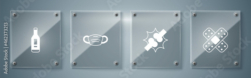 Set Crossed bandage plaster, Joint pain, knee pain, Medical protective mask and Digital thermometer. Square glass panels. Vector