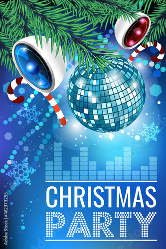 Disco ball, speakers, pine branches, fir trees. Vector template for a Christmas party. Poster, ticket, banner.