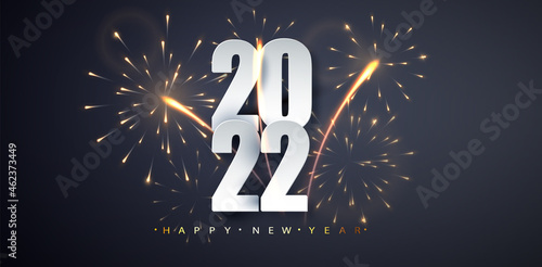 2022 Happy new year. Elegant numbers against background of flickering fireworks. Happy New Year banner for greeting card, calendar.
