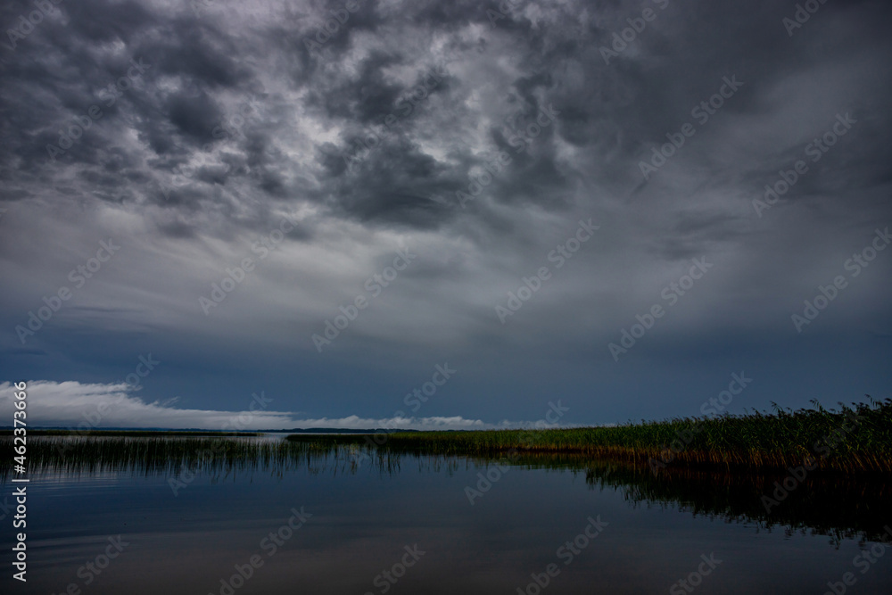 Evening clouds over the lake with reeds