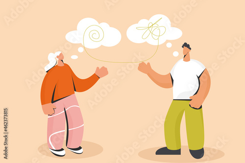 Man and woman psychologist and client unravel life relationship problems. Psychiatrist and patient therapy session, solve difficult situations. Psychology, psychotherapy concept. Vector illustration. 